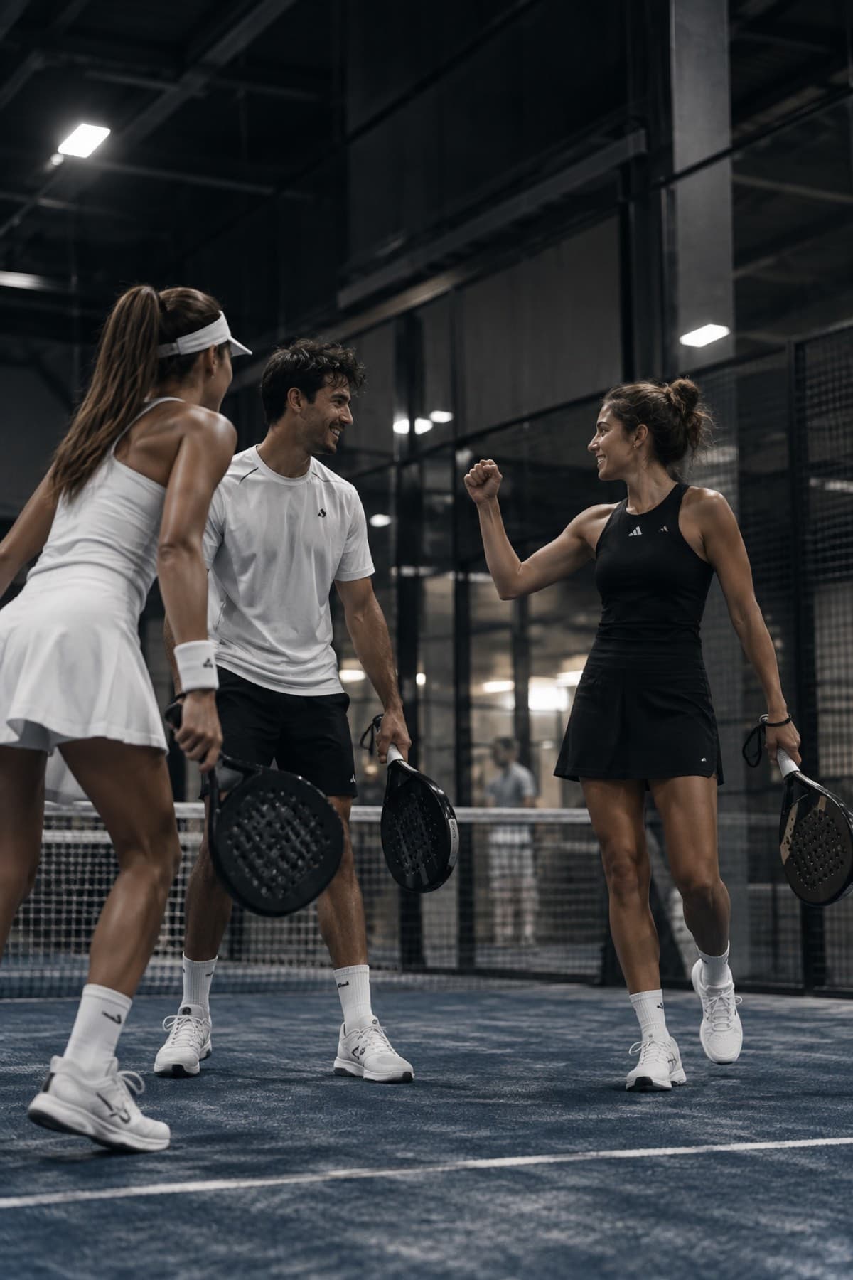Four padel players sharing a moment on court after a game