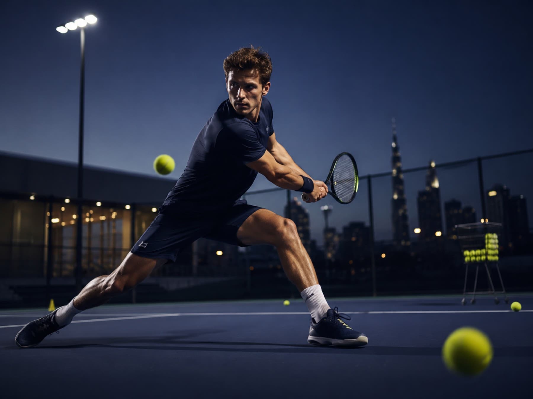 A tennis player stretching for a backhand under floodlights at night