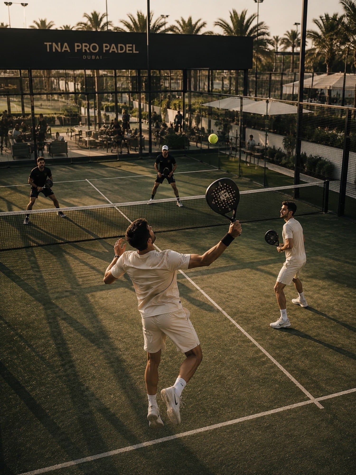 A doubles padel rally on a TNA Pro court, four players in play