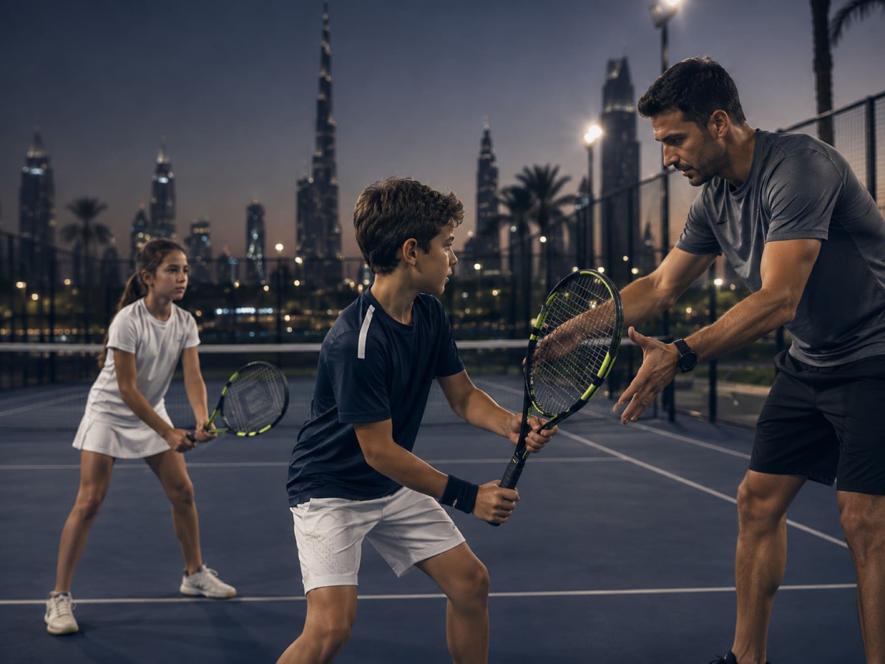 A coach guiding two young players through a tennis session, Dubai skyline behind