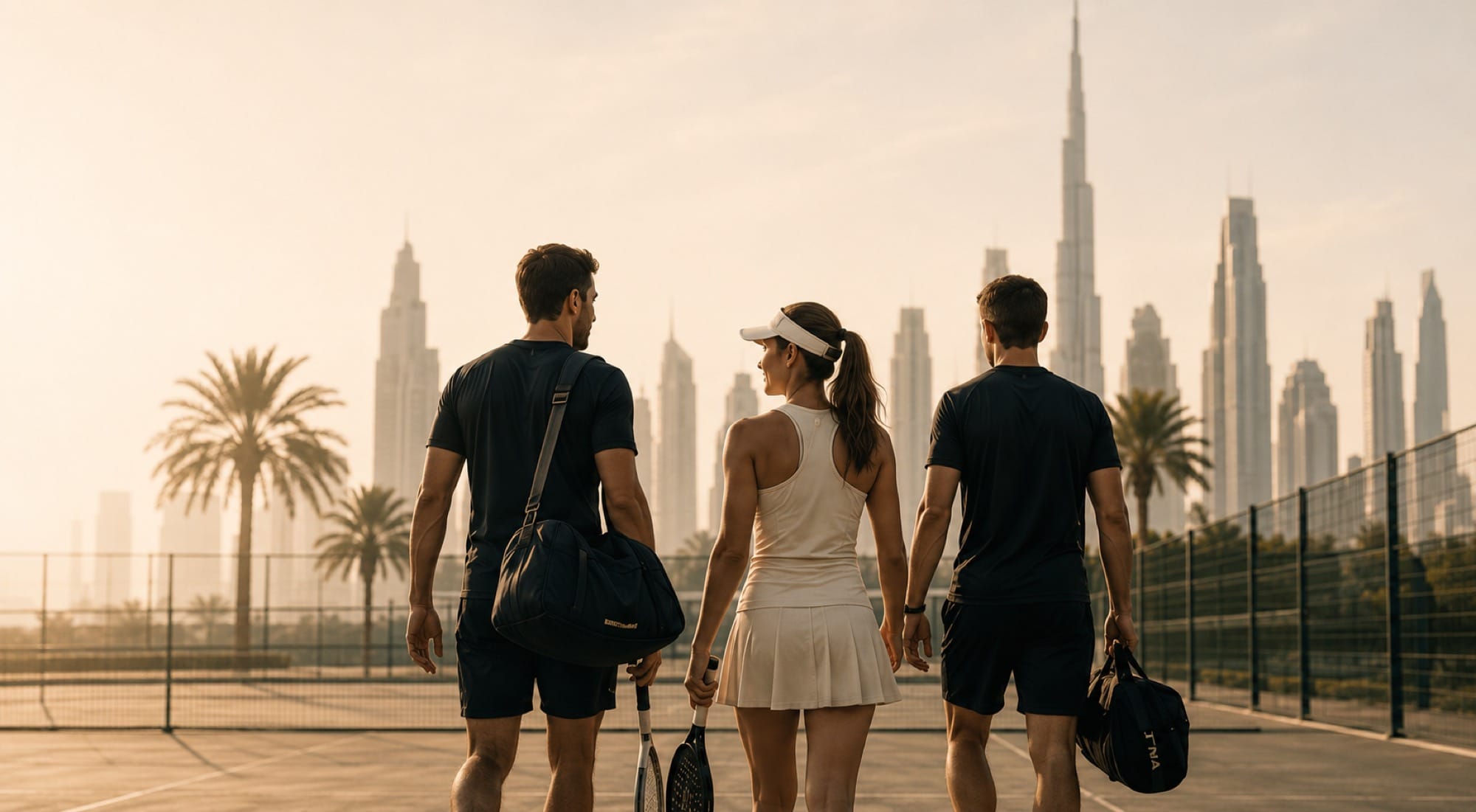 Three players walking off court at sunset with the Dubai skyline behind them