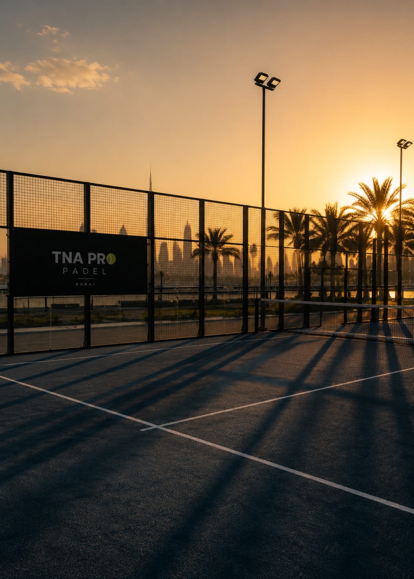 An empty TNA Pro Padel court at sunset with the Dubai skyline and palm trees behind it