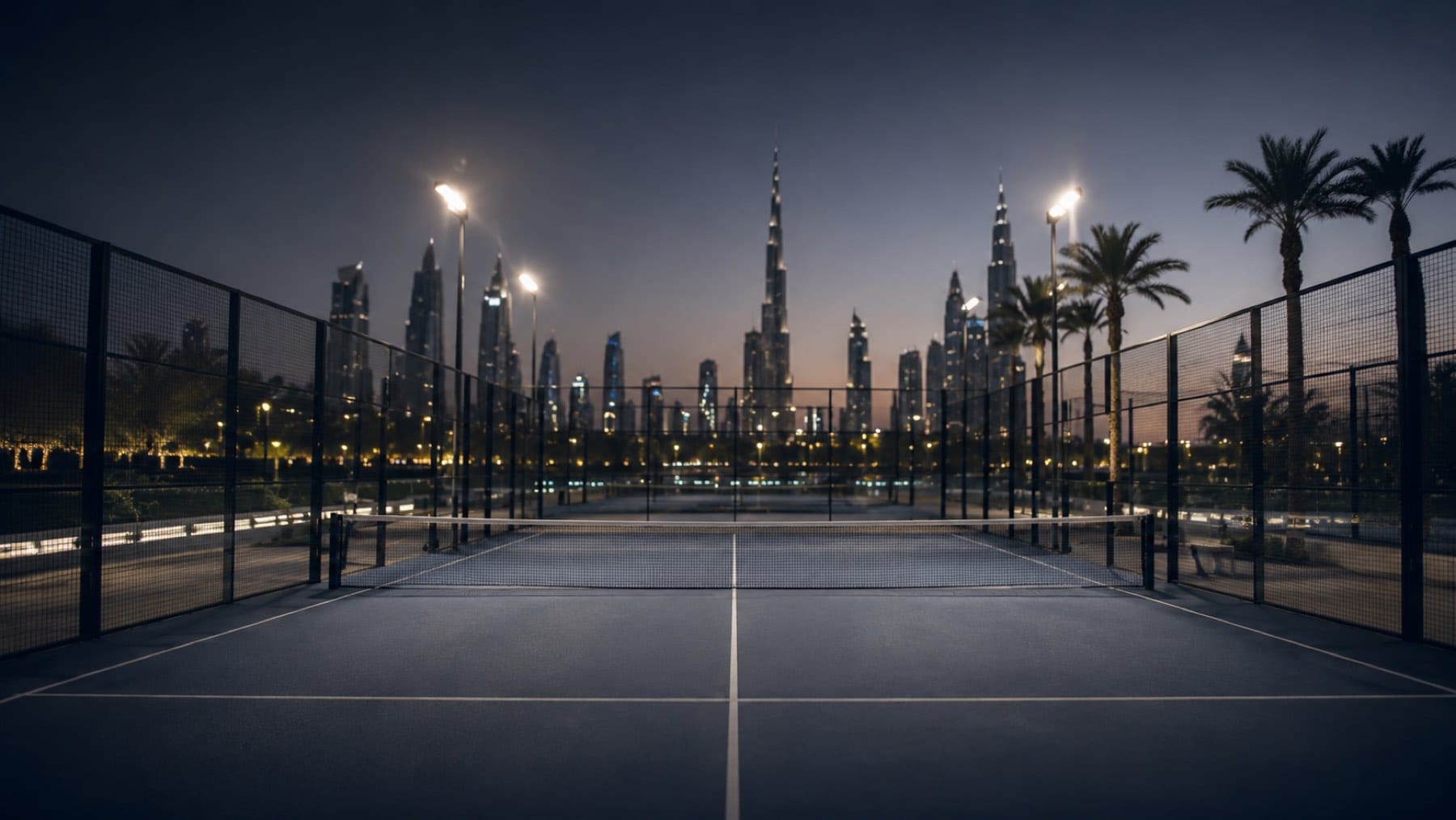 A floodlit court at dusk with the Dubai skyline behind it