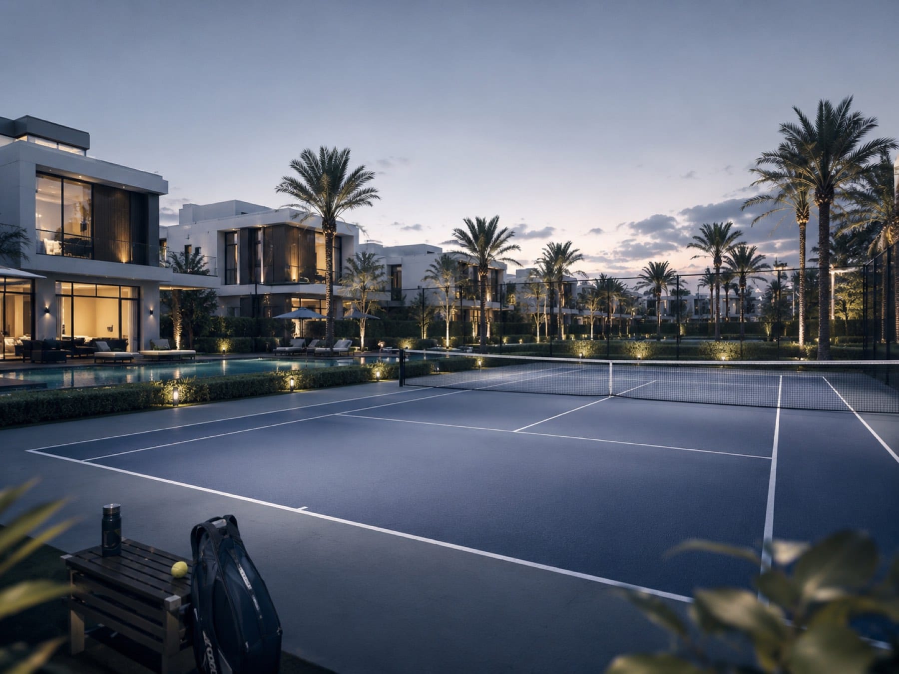A private residential tennis court beside a villa and pool at dusk