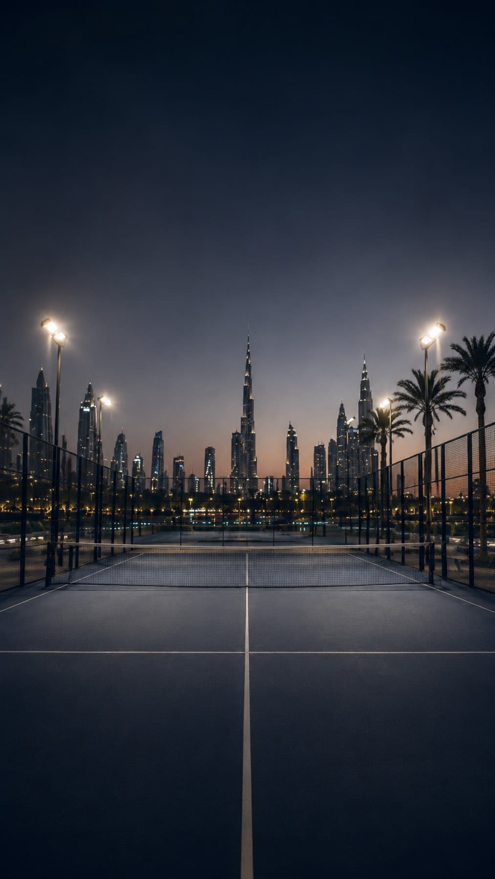 A floodlit court at dusk with the Dubai skyline behind it