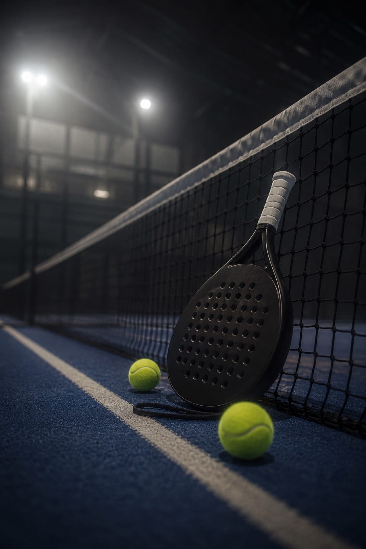 A padel racket and balls resting against the net under court lights