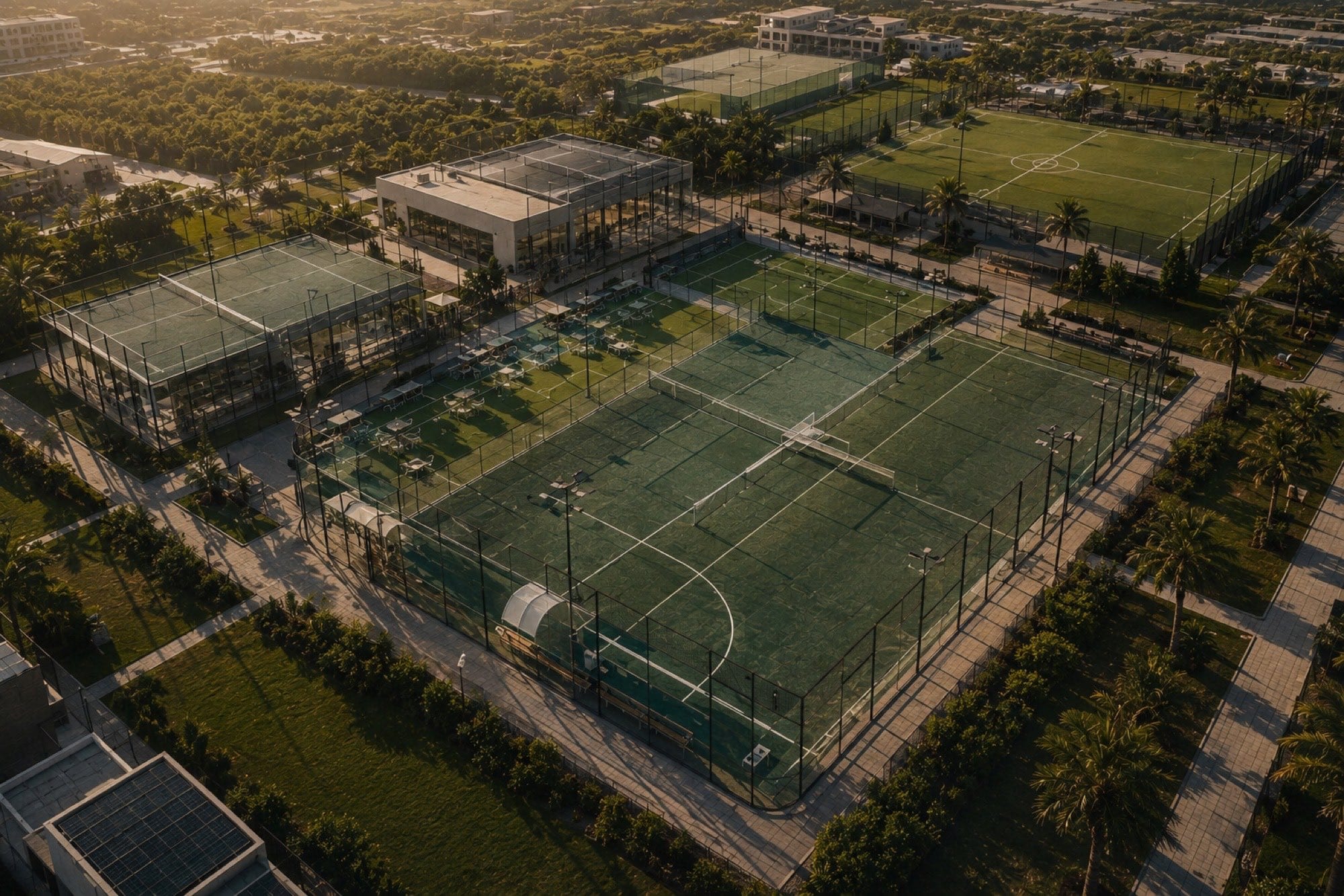 Aerial view of the TNA Pro academy courts at golden hour