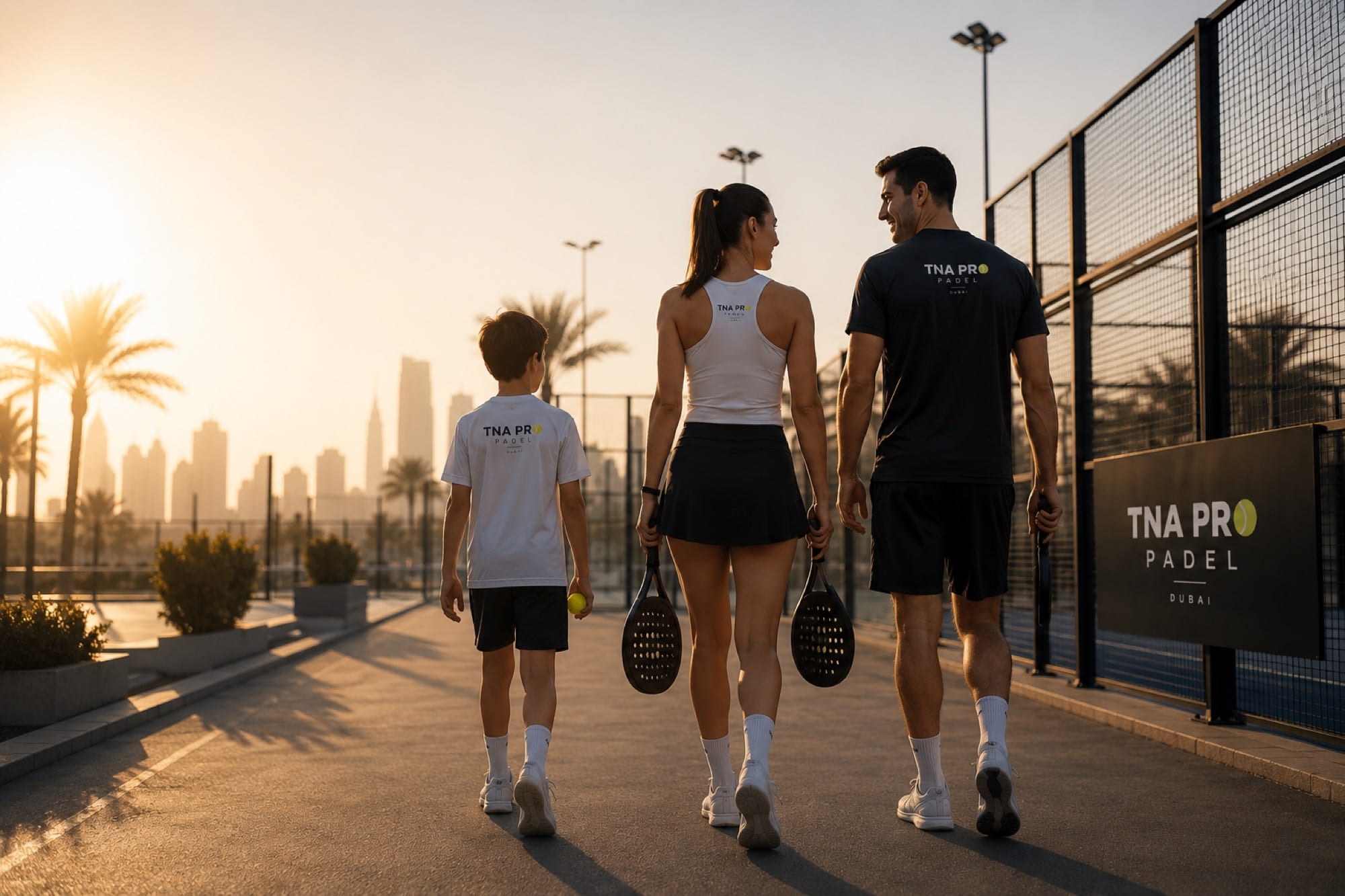 A family walking to the courts at sunset with padel rackets, the Dubai skyline behind them
