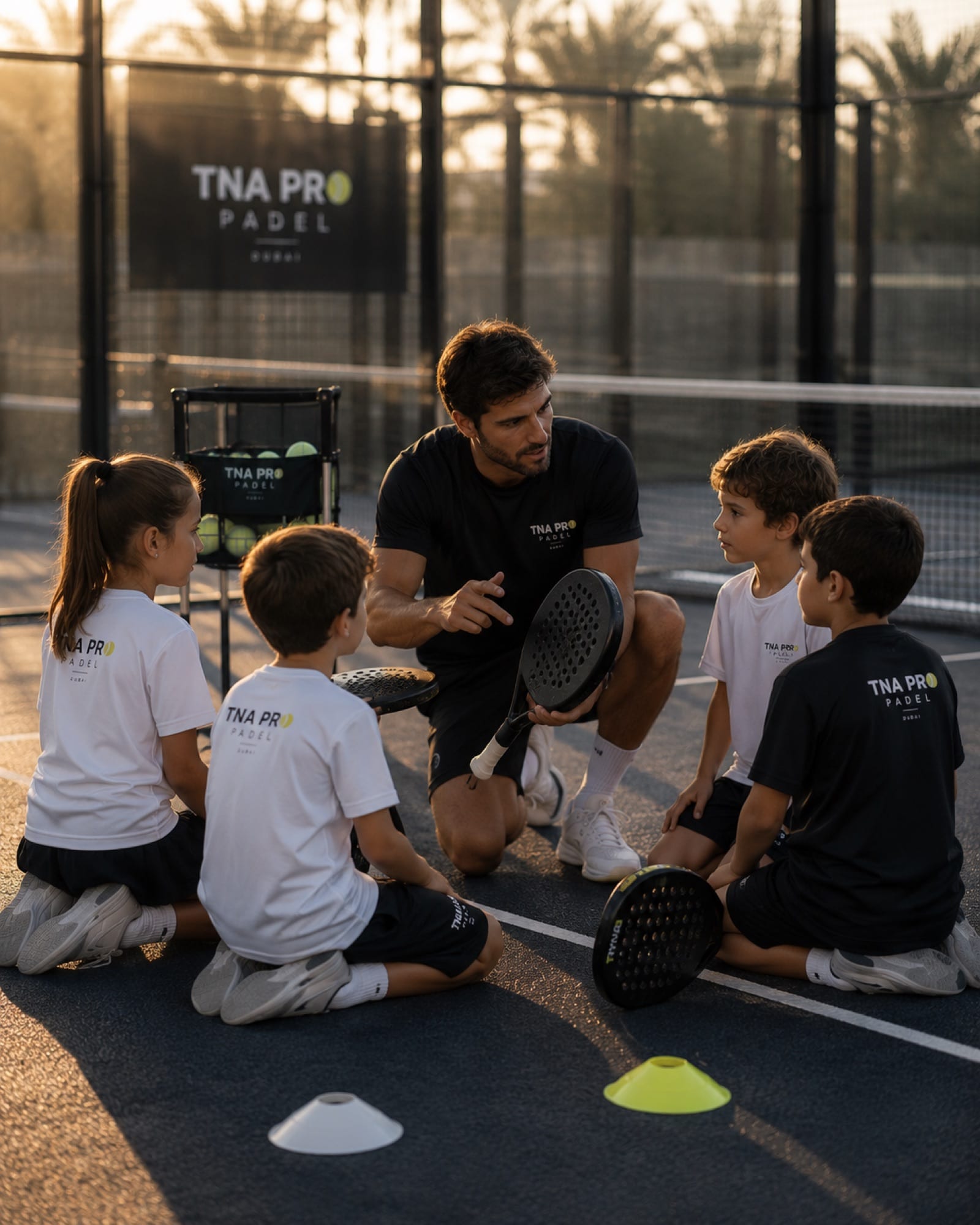 A coach kneeling on court explaining a grip to four junior players sitting around him