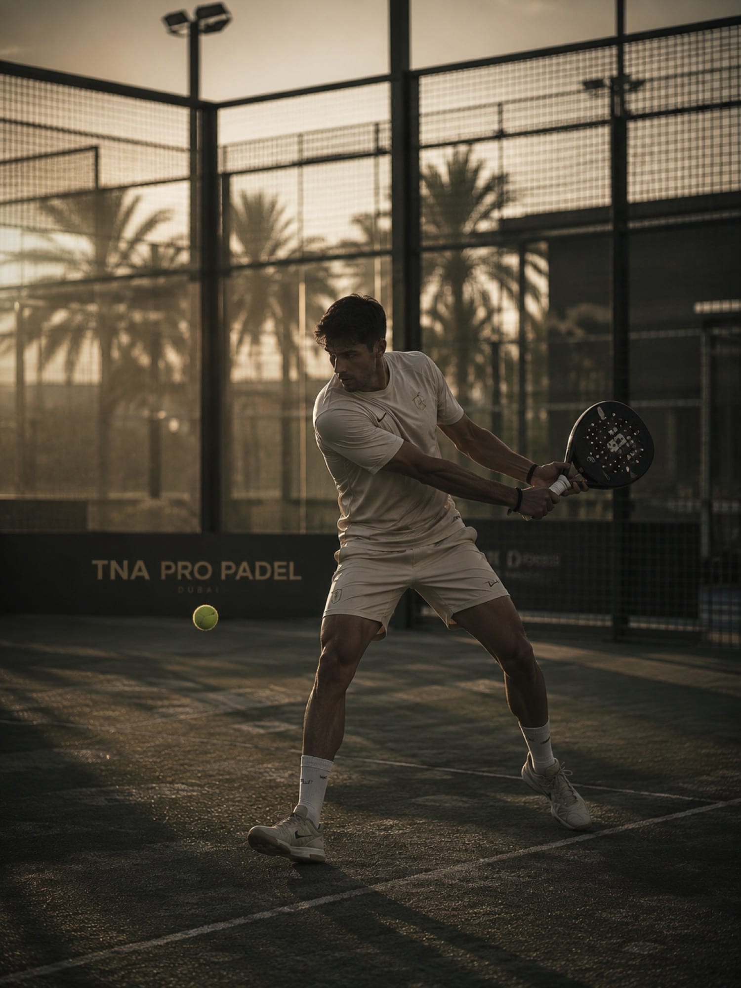 A TNA Pro player driving a padel backhand under golden evening light