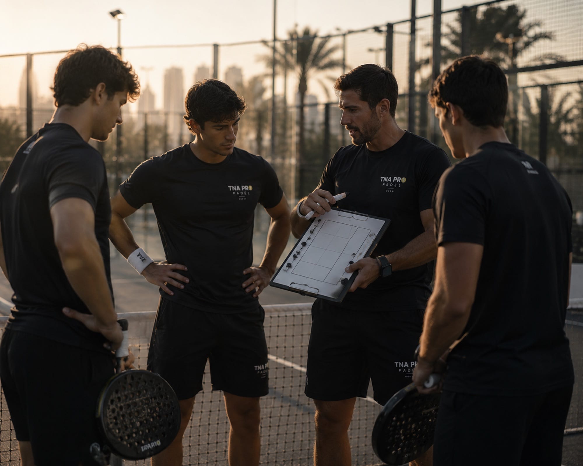 A coach explaining court positioning on a tactics board to three players